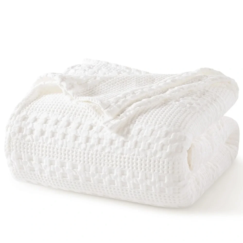 PHF Waffle Weave Blanket Twin White Green 100% Cotton Lightweight Breathable NEW